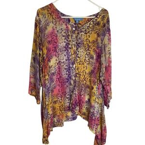 Blue Ginger Womens Tropical Floral Blouse Size M Purple Button Up Sharkbite Hem